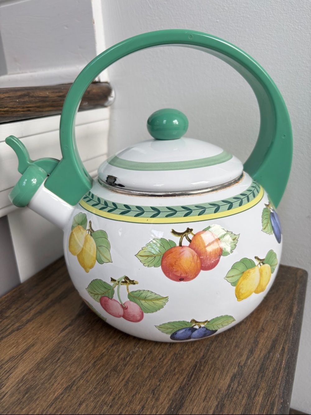 Villeroy & Boch Ceramic Whistling Teapot White w/ Mint Green Handle,Fruit Motif